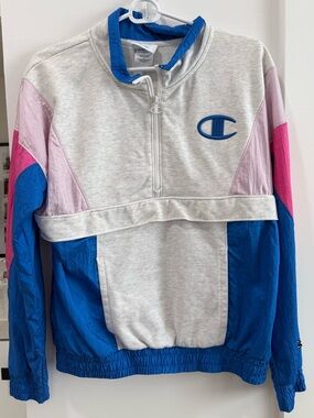 Champion Colorblock Half-Zip Hoodie in Gray, Blue & Pink